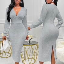 Fashion Cable Pattern V-neck Long Sleeve Back Slit Bodycon Dress