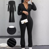 Fashion V-neck Long Sleeve Slim-fit Ribbed Jumpsuit