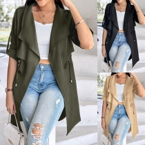 Casual Lapel Roll-sleeve Drawstring Waist Cardigan