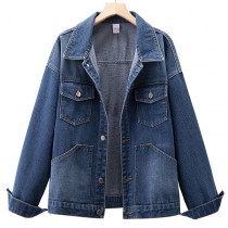 Vintage Stand Collar Long Sleeve Chest Pockets Side Pockets Denim Jacket