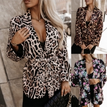 Fashion Leopard Print/Floral Printed Long Sleeve Self-tie Waist Jacket