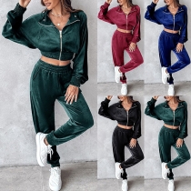 Fashion Velvet Two-piece Set Consist of Crop Jacket and Sweatpants