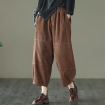 Retro Patchwork Corduroy Harem Pants: Women's Elastic Waist Ankle-Length Casuals