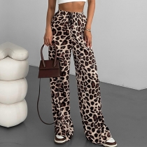 Casual Straight-Leg Style Loose-Fit Leopard Print Trousers