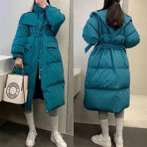 Knee-Length Hooded Puffer Jacket: Trendy Warm Waist-Cinched Design