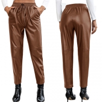 Fashion Drawstring Elastic Waist Artificial Leather PU Pants