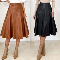 Fashion Solid Color Pleated High-rise Artificial Leather PU Skirt