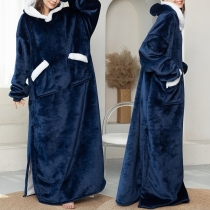 Fashion Contrast Color Long Sleeve Hooded Front-pocket Side Slit Faux Lamb Wool TV Blanket