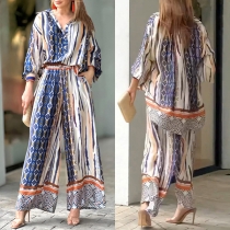 Fashion Floral Printed Two-piece Set Consist of Blouse and Pants