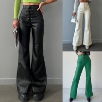 Fashion Lace-up High-rise Straight-cut Artificial Leather PU Pants