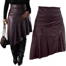 Fashion Solid Color High-rise Irregular Hemline Artificial Leather PU Skirt
