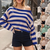 Fashion Contrast Color Stripe Printed Batwing Sleeve Knitted Sweater