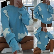 Casual Contrast Color Patch Pattern Crew Neck Long Sleeve Knitted Sweater