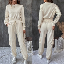 Casual Texture Two-piece Sport Set Consist of Crop Top and Sweatpant with Side Patch Pockets