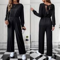 Casual Crew Neck Long Sleeve Self-tie Backless Straight-cut Jumpsuit