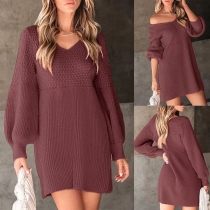 Fashion V-neck Long Sleeve Knitted Sweater Dress
