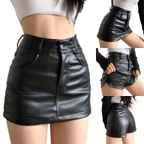Street Fashion High-rise Artificial Leather PU Skorts