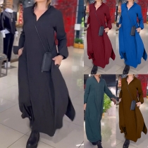 Casual Stand Collar Long Sleeve Side Patch Pockets Loose Dress