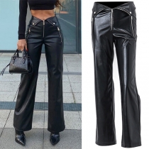 Fashion Lapel Waist Zipper Straight-cut Artificial Leather PU Pants