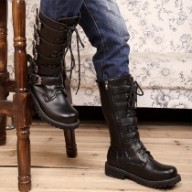 PU Leather Combat Boots: Buckle and Lace-Up Design