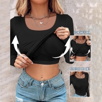 Fashion U-Neck Long Sleeve Built-in Bra Ribbed Shirt