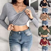 Fashion V-Neck Long Sleeve Built-in Bra Ribbed Shirt