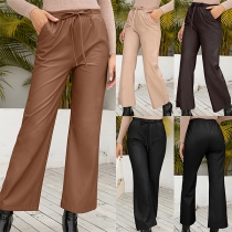 Fashion Drawstring Elastic Waist Straight-cut Artificial Leather PU Pants