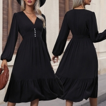 Fashion Button V-neck Long Sleeve Midi Dress