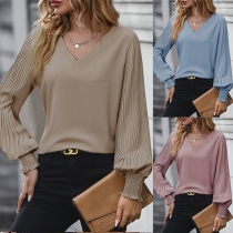Fashion Pleated Long Sleeve V-neck Shirt
