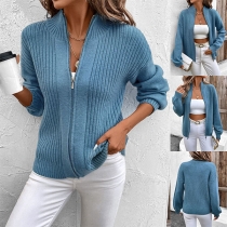 Fashion Mock Neck Long Sleeve Front Zipper Knitted Cardigan