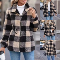 Fashion Plaid Stand Collar Long Sleeve Drawstring Waist Plush Jacket