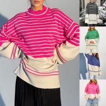 Fashion Contrast Color Crew Neck Long Sleeve Stripe Sweater