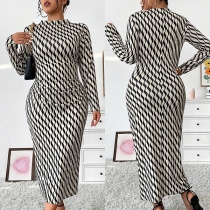 Fashion Printed Crew Neck Long Sleeve Bodycon Plus-size Dress