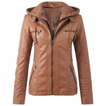 Street Fashion Long Sleeve Detachable Drawstring Hooded Windproof Artificial Leather PU Jacket