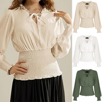 Vintage Women's Medieval Ruffle Smocked Blouse with Long Sleeves