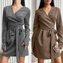 Fashion V-neck Long Sleeve Self-tie Wrap Suede Dress