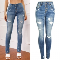 Street Fashion Button Mid-rise Distressed Skinny Denim Jeans