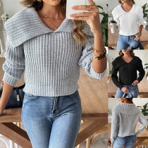 Fashion Big Lapel V-neck Long Sleeve Knitted Sweater
