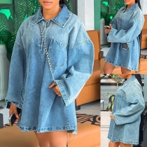 Casual Half-zipper Stand Collar Long Sleeve Loose Denim Mini Dress