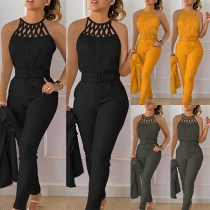 Fashion Two-piece Set Consist of Hollow Out Shirt and Pants with Belt