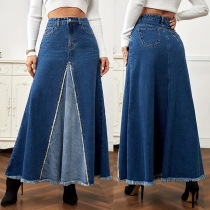 Elegant High-rise Frayed Hemline Flared A-Line Denim Maxi Skirt with Panel Design