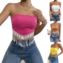 Fashion Floral Jacquard Tassel Hemline Strapless Crop Top