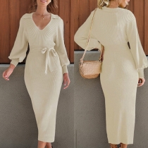 Elegant V-Neck Lantern Long Sleeve Self-tie Knitted Sweater Dress