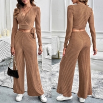 Fashion Ribbed Two-piece Set Consist of Crop Wrap Shirt and Straight-cut Pants