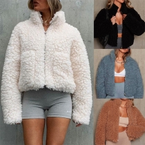 Fashion Solid Color Long Sleeve Artificial Lambswool Crop Jacket