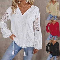 Casual Tassel V-neck Long Sleeve Jacquard Lace Shirt