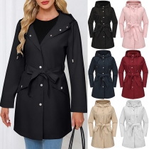 Casual Lightweight Hooded Water-Resistant Jacket with Belt- Trench Coat for Women