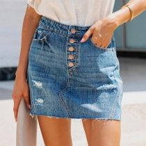 Street Fashion Distressed Button High-rise Old-washed Denim Skirt