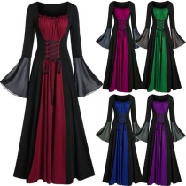 Punk-Inspired Contrast Color Lace-up Trumpt Long Sleeve Maxi Dress for Holloween and Cosplay