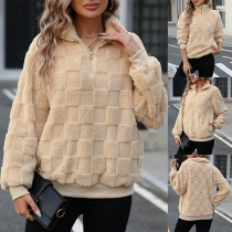 Casual Half-Zip Stand Collar Long Sleeve Plaid Plushed Pullover Sweatshirt